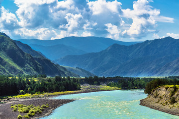 Summer landscape with Katun river. Chemal, Gorny Altai, Siberia, Russia
