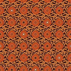 A seamless vector ornamental pattern with orange flowers and leaves. Surface print design.