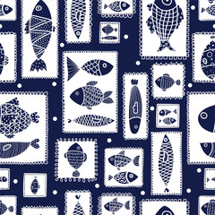 Decoratieve vissen in schattige lijsten. Kan worden gebruikt in de textielindustrie, papier, achtergrond, scrapbooking.