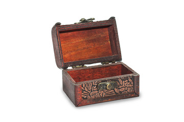 wooden treasure chest with coins isolated on white