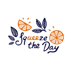 Squeeze the day inspirational card with doodles oranges, leaves isolated on white background. Colorful illustration for greeting cards or prints. Vector orange illustration
