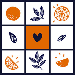 Set of orange elements. Citrus. Fruit icon. Orange fruit hand drawn vector set. For prints, patterns, packaging design, menu, recipes