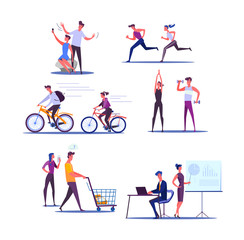 Fototapeta na wymiar Young couple living active life. Male and female cartoon characters doing sports and business together. Vector illustration for banner, poster, leaflet