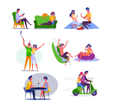 Young couple spending vacation together. Male and female cartoon characters dating in various places. Vector illustration for banner, advertising, poster