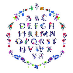 English alphabet in flowers and plants. Vector. Classic letters surrounded by decorative elements. Latin letters for inscriptions. Female image in the alphabet. Congratulations on March 8.