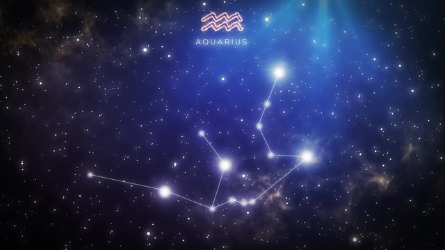 Night sky universe with twinkling stars and a light streak that shows the path that forms the zodiac constellation of  Aquarius