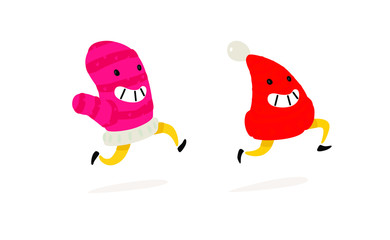 Running mittens and hat. Vector. Funny characters for winter goods. Logo for a children's knitwear store. Warm, tube stuff. Stickers, badges for the project.