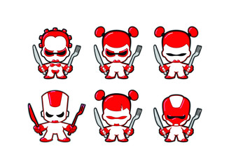Illustration of a robot. Vector. Robot character of the future with a knife and fork. Mascot for a cyber cafe or restaurant. Hero for space fast food. Emblem for the food of the future. Flat kawaii st