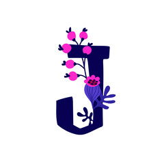 Latin letter J in flowers and plants. Vector. Letter in decorative elements for inscriptions. Company logo. Poster or monogram.