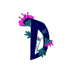 Latin letter D in flowers and plants. Vector. Letter in decorative elements for inscriptions. Company logo. Poster or monogram.