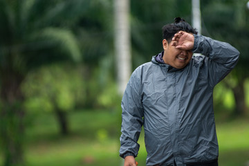 fat obese man swap his sweat when training, overweight guy training workout for weight loss and...