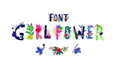 Lettering font Girl Power. Vector. Logo in flowers and plants. Company logo or flower shop.