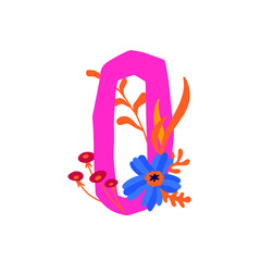 Number 0 in flowers and plants. Vector. Number in decorative elements for inscriptions. Company logo. Poster or monogram. Health and beauty. Eco products. Flower shop.