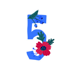 Number 5 in flowers and plants. Vector. Number in decorative elements for inscriptions. Company logo. Poster or monogram. Health and beauty. Eco products. Flower shop.