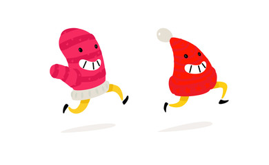 Running mittens and hat. Funny characters for winter goods. Logo for a children's knitwear store. Warm, tube stuff. Stickers, badges for the project.