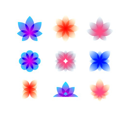 Decorative gradient buds. Flowers for logo and corporate identity. Lotuses, roses and other decorative plant elements. Fashionable style.