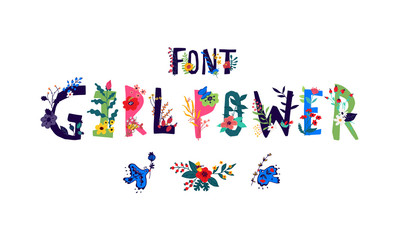 Lettering font Girl Power.  Logo in flowers and plants. Company logo or flower shop.
