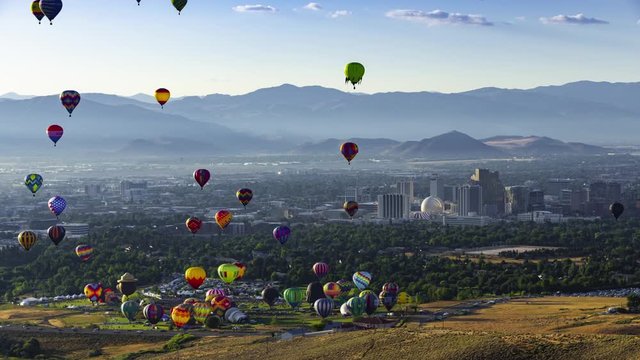Hot Air Balloon Time Lapse with Downtown Reno Nevada Skyline.