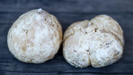 Jicama or Pachyrhizus erosus on wood background.