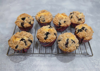 Homemade blueberry muffins cooling on the rack.
