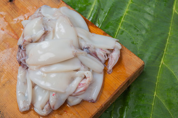 Squid placed on a wooden chopping board with a green leaf background.