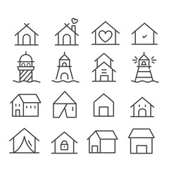 Fototapeta premium Simple set of minimal lighthouse tower and small buildings icon isolated. Modern outline on white background