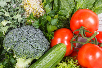 Fresh ripe natural vegetables and sprouts. Nutritious food containing minerals and vitamins