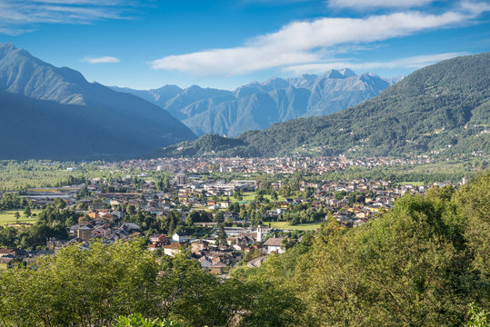 Domodossola, important and ancient city in northern Italy. View towards the south. Behind the city, in the center of the photo, is the hill with the Sacred Mount Calvary of Domodossola, UNESCO site