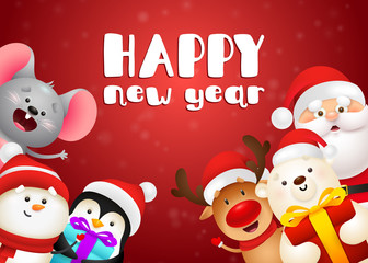 Fototapeta na wymiar Happy New Year lettering, polar bear, gift box, penguin, mouse. New Year Day greeting card. Typed text, calligraphy. For leaflets, brochures, invitations, posters or banners.
