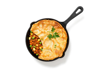Shepherd's pie, traditional British dish with minced meat, vegetables and mashed potatoes.isolated on white background
