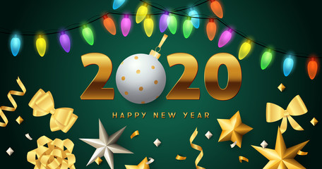 Happy New Year 2020 lettering, lights garlands, golden bows. New Year Day greeting card. Typed text, calligraphy. For leaflets, brochures, invitations, posters or banners.
