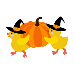 Halloween chicken in witch costume with pumpkin