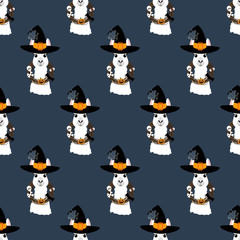 Halloween llama witch seamless pattern