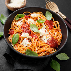 Spaghetti with  tomato sauce, parmesan and mozzarella cheese decorated with basil.
