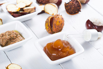 medicine cream, ground conkers tincture with alcohol and sliced seeds from horse chestnuts, on white wooden table