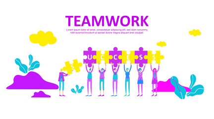 Business concept with puzzle. Teamwork metaphor. Little people raise their hand holding jigsaw to connect each with success text. Symbol of financial, cooperation, collaboration, partnership. - Vector