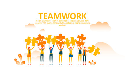 Business concept lift up puzzle. Teamwork metaphor. Little people raise their hand holding jigsaw with success text and celebrate. Symbol of cooperation, collaboration, finance, partnership. - Vector