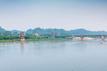 A view of the Weijiang Bridge in Leshan City, Sichuan Province, China