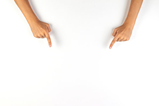 Kid Hands Pointing Down With Fingers To Something On White Background