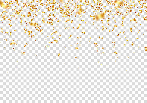 Realistic falling golden confetti isolated on transparent background. Shiny festive serpentine bright pattern. Wedding ceremony luxury decoration. Anniversary celebration vector illustration