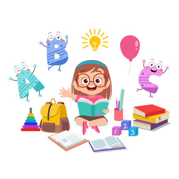 happy kid girl study read book illustration