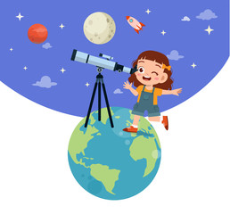 happy kid study astronomy telescope