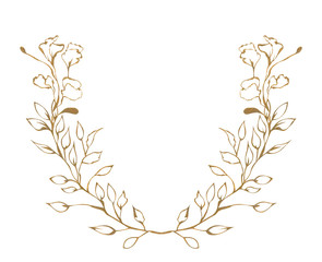 Illustration of watercolor drawing golden contours of plant leaves on a white isolated background in the form of a floral semi circle