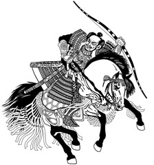 Asian warrior archer. Japanese Samurai horseman sitting on horseback, wearing medieval leather armor and holding a bow. Medieval East Asia soldier riding pony horse in the gallop. Graphic style vector