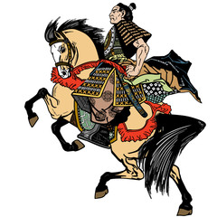Asian cavalry warrior. Japanese Samurai horseman sitting on horseback, wearing medieval leather armor. Medieval East Asia soldier riding a pony horse in the gallop. Side view. Vector illustration