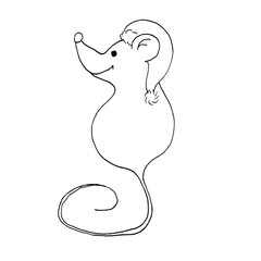Funny Christmas mouse. Vector outline hand drawn illustration. Outline drawing, A separate element of the new year set. Isolated on white background.