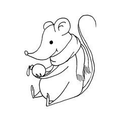 Funny Christmas mouse. Vector outline hand drawn illustration. Outline drawing, A separate element of the new year set. Isolated on white background.