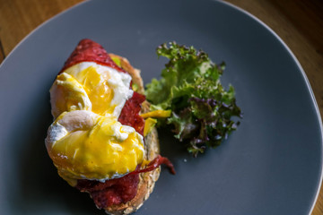 Breakfast menu with delicious eggs and vegetables