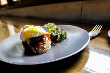 Breakfast menu with delicious eggs and vegetables