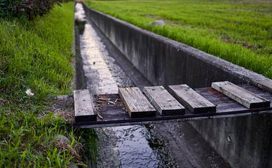 A small wooden board used as a bridge to cross over the water tunnel underneath.